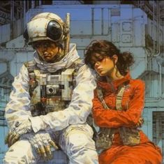 a man and woman sitting next to each other in front of a space station building