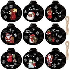 twelve christmas ornaments with santa claus and other decorations