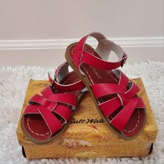 Nib Sun-San Salt Water Red Salt Water Toddler Sandals Leather Shoes. Red Round Toe Summer Sandals, Red Sandals With Round Toe For Vacation, Red Round Toe Sandals For Vacation, Red Closed Toe Sandals For Beach, Casual Red Closed Toe Sandals, Beach Slide Sandals With Soft Sole, Red Flat Sandals For Summer, Red Flat Summer Sandals, Closed Toe Red Sandals For Beach