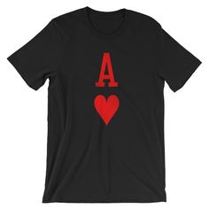 Going as the red Ace of Hearts for Halloween? This is easily the most comfortable, highest quality costume t-shirt you will find (shirt available in White, Soft Cream, Black and Pink).  Our shirt blanks are manufactured by Bella+Canvas, known for their sustainable practices - this company is the epitome of quality, as well. You will be sure to love this tee for years to come (unlike others that will fall apart after a few washes.)  We're happy to present to you this video about our chosen partne Black Top With Heart Graphic As Gift, Black Heart-shaped Graphic Tee, Black Graphic Print Top For Valentine's Day, Black Crew Neck T-shirt With Heart Print, Red T-shirt For Valentine's Day Gift, Black Short Sleeve T-shirt With Heart Print, Short Sleeve Halloween Top As Gift, Red Short Sleeve T-shirt For Gift, Red Crew Neck Top For Halloween