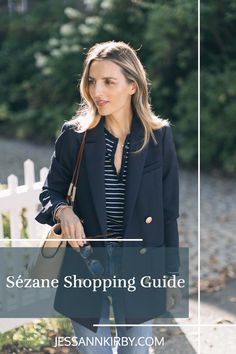 Sezane Shopping and Sizing Guide with info on sweaters, jackets, shoes, dresses, and more. Sezane Christie Jacket, Sezane Capsule Wardrobe, Sustainability Tips, Tomboy Shirts, Shoes Dresses, Basic White Tee, Fall 24