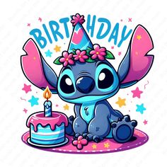 a cartoon character sitting in front of a birthday cake