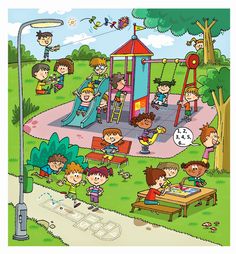 children are playing in the park and having fun with each other, illustration by artist