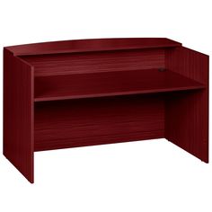 an office desk with two shelves and one shelf on the left side, in red