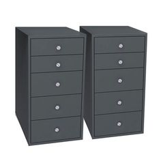 two gray filing cabinets side by side with drawers on each side and one drawer closed