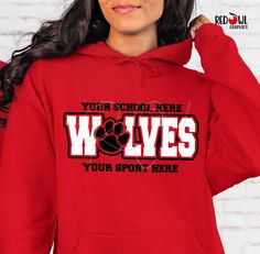 Personalized Wolves School Spirit T-Shirt Crewneck, Hoodie Hooded Sweatshirt Football, Baseball, Basketball, Softball, Track, Volleyball, Cross Country, Cheer, Wrestling Not all colors are available in all sizes and styles.  Please check the color and size charts in photos. We do our best to accurately represent shirt colors by using actual photos but do understand that all monitors will display differently. Please contact us prior to purchase with any questions on sizing or colors. Your purchase includes a custom imprint created specifically for your team! A product proof will be emailed to you within 1 business day.  Please keep an eye on your Etsy messages and reply with any changes within 24 hours. Your order will be sent to production after that time if no response is received. Excess Sports Fan Hoodie Top, Team Spirit Hoodie For Sports Season, Team-colored Hoodie With Team Name, Collegiate Sports Hoodie Tops, Sports Team Name Hoodie, Fan Apparel Hoodie For Sports Events, Red Hooded Top For Sports Events, Sporty Pre-shrunk Hooded Tops, Team Spirit Hoodie For College