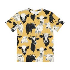 Embrace the rustic beauty of the countryside with our Pastoral Charm Cow Print All-Over Tee. Adorned with an array of cow portraits set against a warm, mustard-yellow backdrop, this tee is a nod to pastoral bliss and farmyard favorites. It's the perfect pick for: Adding a touch of whimsical country charm to your wardrobe 🐄 Soft, breathable fabric that ensures comfort whether you're out in the field or in the city 🌾 A playful, yet stylish design that's sure to start conversations and bring smil Yellow Printed T-shirt For Fall, Fall Yellow Printed T-shirt, Vibrant Clothing, Yellow Backdrop, Cow Face, Spread Positivity, Unique Accessories, Country Charm, Face Men