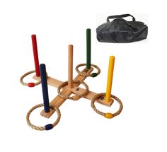 an assortment of wooden toys with ropes and handles