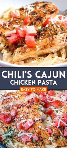 chicken pasta with tomatoes and parmesan cheese on top