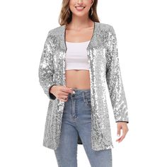 Make a statement with the Anna-Kaci Women's Sequin Open Front Cocktail Outerwear Jacket, a sophisticated and eye-catching piece perfect for any occasion. This shiny disco jacket boasts an open front with hook & closure and long sleeves, ensuring you'll stand out wherever you go. Metallic Outerwear For Winter Party, Metallic Outerwear For Party In Winter, Metallic Winter Party Outerwear, Metallic Long Sleeve Outerwear For Party Season, Metallic Outerwear For Fall Party, Fitted Silver Blazer For Evening, Elegant Silver Blazer For Night Out, Silver Blazer For Night Out, Metallic Long Sleeve Blazer For Night Out