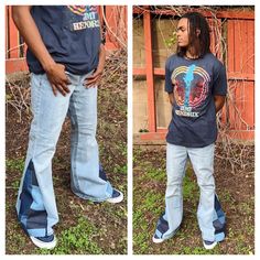 "Hippie style denim patchwork bellbottoms dark blue and light blue contrast. Very unique perfect for any occasion.  *UPCYCLED** All jeans used for this design are UPCYCLED (brands will vary) The color blue represents both the sky and the sea it's associated with open spaces, freedom, intuition, imagination, inspiration, and sensitivity. Blue also represents meanings of depth, trust, loyalty, sincerity, wisdom, confidence, stability, faith, and intelligence. **made with lots of love and positivity meant to provide a type of sanctuary in the form of clothing. Custom made Bellbottom Jeans (additional sizes available please send message with size or color requests) various brands available (Levi's/Arizona/Gap/Old Navy/Seven7/Sonoma/Lucky Brand/Lee/Members Mark, etc. Depends on size and availab Patchwork Medium Wash Bottoms For Streetwear, Medium Wash Patchwork Bottoms For Streetwear, Retro Faded Bottoms For Streetwear, Casual Patchwork Denim Blue Flare Jeans, Blue Reworked Jeans For Streetwear, Reworked Wide Leg Blue Jeans, Retro Blue Bottoms For Streetwear, Blue Reworked Wide Leg Jeans, Blue Patchwork Bottoms For Streetwear