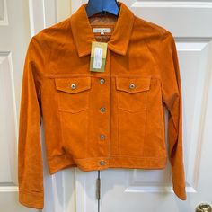 Net Sorb Tangerine Orange Suede Jacket. Vintage 90s Suede In Tangerine With Snap Button Fastening And Two Breast Pockets. Could Be Worn With Buttons Open Or Closed. Spring Collared Leather Jacket With Pockets, Casual Fitted Leather Jacket With Button Closure, Fitted Leather Jacket With Buttons For Spring, Spring Leather Jacket With Snap Buttons, Spring Leather Jacket With Lapel Collar And Buttons, Spring Fitted Leather Jacket With Button Closure, Collared Single Breasted Leather Jacket For Spring, Fitted Collared Leather Jacket For Spring, Spring Collared Single Breasted Leather Jacket