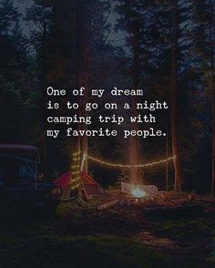 a campfire in the woods with a quote on it that reads one of my dream is to go on a night camping trip with my favorite people