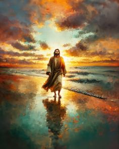 jesus walking on the beach at sunset