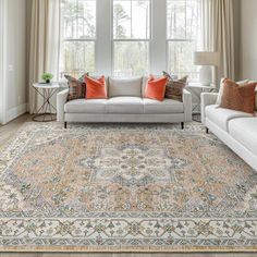 a living room with two couches and a rug in front of a large window