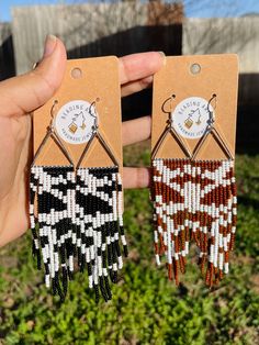 Cow print earrings Geometric Beaded Earrings For Gifts, Bohemian Geometric Beaded Earrings As Gift, Brown Geometric Earrings As Gift, Brown Geometric Earrings Gift, White Bohemian Geometric Earrings, White Geometric Bohemian Earrings, Bohemian White Geometric Earrings, Handmade Geometric Earrings For Gift, Handmade Brown Geometric Earrings