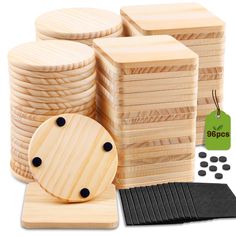 a pile of wooden coasters next to some black and white domino pieces with price tags on them