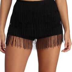 Black Fringe Shorts With A Back Zipper Closure For Dance Or Raves New Without Tags High Waist Shorts For Summer Night Out, High Waist Bottoms With Built-in Shorts For Date Night, High Waist Shorts For Night Out In Summer, High Waist Fringe Bottoms For Spring, Trendy Short Length Club Bottoms, Short Length Bottoms With Built-in Shorts For Night Out, Summer Date Night Bottoms With Built-in Shorts, Fitted Party Bottoms With Fringe, High Waist Shorts For Club, Summer Season