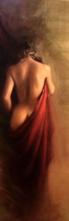 the back of a woman's head with her hair blowing in the wind, wearing a red dress