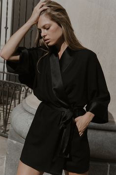 Jodi mini dress in black wool crepe with kimono collar and sleeve cuffs in silk satin Mini Kimono Dress, Black Kimono Dress, Kimono Collar, Kimono Mini Dress, Kimono Wrap Dress, Barbie Dress Fashion, Wool Crepe, Black Kimono, Satin Kimono