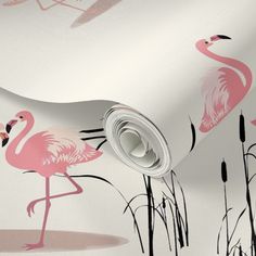 a pink flamingo wallpaper with black and white designs on the back side of it