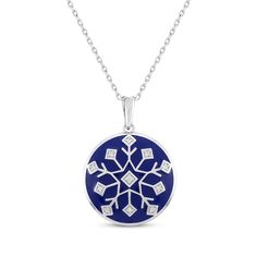 Create your own winter wonderland with this glistening snowflake necklace. Sterling silver White lab-created sapphires shimmer on the dark blue enamel disc pendant 18-inch cable chain with lobster clasp Blue Snowflake Sterling Silver Necklace, Round Winter Jewelry Gift, Round Jewelry Gift For Winter, Blue Jewelry Christmas Gift, Blue Jewelry For Christmas Gift, Blue Necklace For Christmas Gift, Snowflake Jewelry, Snowflake Necklace, White Lab