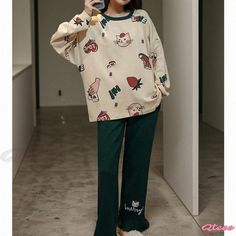 Qteee - Cute Bunny Cartoon Printed Pajamas Set Casual Cartoon Print Sleep Sets, Casual Cartoon Print Sleepwear Sets, Casual Sleepwear Sets With Cartoon Print, Casual Home Sets For Fall, Casual Long Sleeve Home Sets, Casual Printed Sleep Sets, Casual Green Sleep Sets, Casual Green Sets For Pajama Party, Casual Green Pajama Party Sets