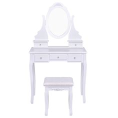 a white dressing table and stool with a mirror on the top, one foot up