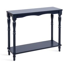 a black console table with an open shelf on the bottom and one drawer at the top