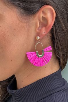 fuchsia fan shape raffia straw earrings Chic Pink Earrings For Summer, Elegant Pink Tassel Earrings For Spring, Chic Pink Summer Earrings, Chic Pink Earrings For Spring, Pink Dangle Tassel Earrings For Spring, Pink Earrings For Beach, Pink Tassel Earrings For Summer Party, Trendy Pink Dangle Tassel Earrings, Summer Party Pink Tassel Earrings