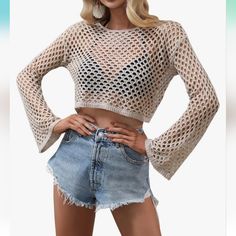 Kedera (Purchased On Amazon) Crochet Knit Crop Top Size Medium Long Sleeve Beige/Khaki Color Wide At Wrist Brand New - Never Worn Beige Crochet Stretch Top, Beige Stretch Crochet Top, Beige Open Knit Tops For Beach Season, Trendy Knitted Crochet Top For Beach, Casual Fitted Crochet Top With Hollow Out Detail, Long Sleeve Knitted Tops For Beach Season, Fitted Casual Crochet Top With Hollow Out, Casual Fitted Hollow Out Crochet Top, Casual Stretch Crochet Lace Top