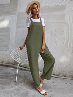 Solid Colour Long Sleeveless Jumpsuit Overalls Jumpsuit, Linen Overalls, Womens Jumpsuits Casual, Strap Pants, Solid Color Jumpsuits, Lazy Style, Jumpsuit Casual, Loose Jumpsuit, Trendy Chic