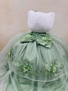 "Expertly designed custom Quinceanera dress adorned with intricate 3D flowers. The sleek, long tale adds elegance to any occasion. Embrace the classic charm of Hello Kitty with this beautifully crafted dress." Quinceanera Dress, 3d Flowers, Quinceanera Dresses, Quinceanera, Sage Green, Hello Kitty, Sleek, Kitty, Flowers