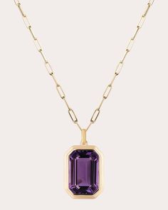 Suspended from a paper clip chain, this 18-karat gold necklace displays an emerald-cut amethyst pendant set in an octagonal bezel frame. From Goshwara's Manhattan Collection. Lobster claw clasp 18k gold and amethyst Carat: 7.2 ctw Polish with soft cloth Made in India Measurements Chain length: 18in Amethyst width: 0.39in Amethyst length: 0.59in Necklace Displays, Contemporary Fine Jewelry, Amethyst Pendant Necklace, Amethyst Necklace Pendant, Pendent Necklace, Bezel Pendant, Amethyst Jewelry, Topaz Earrings, Gemstone Necklace Pendant