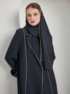 Model height: 177 CM 100% Polyester Length : 145cm Scarves Dimensions 200 x 70 Long Sleeve Abaya For Formal Fall Occasions, Long Sleeve Abaya For Formal Fall Events, Formal Long Sleeve Outerwear For Eid, Elegant Long Sleeve Outerwear For Eid, Elegant Long Outerwear For Eid, Luxury V-neck Abaya For Evening, Jacket Abaya, Elegant Long Sleeve Georgette Abaya, Navy Blue Abaya Design