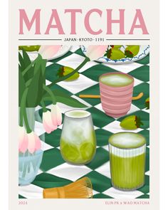 the cover of matcha magazine featuring green and pink vases with flowers in them