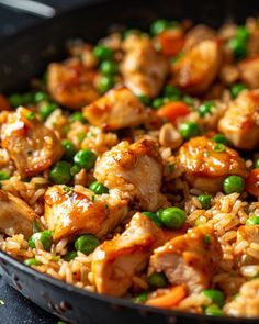 chicken and rice with peas in a skillet