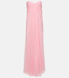 Strapless draped silk chiffon gown in pink - Alexander Mc Queen | Mytheresa Alexander Mcqueen Gown, Chiffon Gown Styles, Alexander Mcqueen Clothing, Drape Gowns, Drape Maxi Dress, Dior Dress, Mc Queen, Strapless Bustier, Designer Drapes