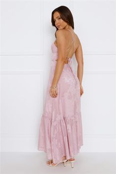 Length from bust to hem of size S: 122cm. Chest: 37cm, Waist: 33cm, across front only of size S. Maxi dress. Mauve pink. Lined. Model is a standard XS and is wearing size XS. True to size. Non-stretch. V-neck. Tie-up back. Printed design. Elastic to back. Zipper. Print placement may vary. Cold hand wash only. Polyester. You'll feel your confidence blossom in the Isla Maxi Dress! Featuring a tie-up back design, a gorgeous print and a flowy skirt. Style with sandals for a dreamy 'fit. Pink Maternity Dress, Prom Shopping, Maxi Dress Wedding, Skirt Style, Mauve Pink, Halter Maxi Dresses, Print Placement, Pink Maxi Dress, Flowy Skirt