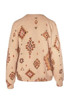 Southwest print sweater Casual Patterned Sweater For Fall, Winter Printed Sweater, Brown Crew Neck Top With Fair Isle Pattern, Patterned Jacquard Knit Crew Neck Tops, Fall Jacquard Knit Crew Neck Sweatshirt, Casual Patterned Crew Neck Sweater, Patterned Knit Crew Neck Sweater, Brown Graphic Print Sweater For Fall, Cozy Long Sleeve Sweater With Graphic Print