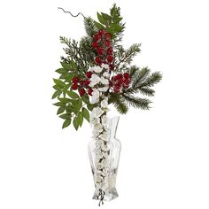 Make a statement during the holidays with this Wisteria, Iced Pine and Berries artificial arrangement - featuring cascading flowers of wisteria against an iced pine backdrop with berries. Standing at 25”, from a clear vase with faux water and natural rocks, the delicate wisteria flowers hang, adding a unique touch. Handsomely design your home and make a cheerful statement by decorating in your foyer or mantel. This piece also makes a great gift. Silk arrangements are manufactured using synthetic Wisteria Flowers, Flower Ice, Cascading Flowers, Silk Arrangements, Clear Vases, Clear Vase, Natural Rock, Nearly Natural, Faux Plants