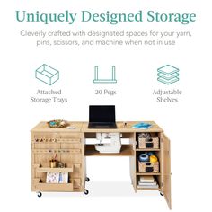 a computer desk with shelves and drawers on it, labeled uniquely designed storage cleverly crafted with designated spaces for your yarn, pins, scissors, and machine