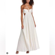 Like New! Worn Once For 4 Hours For Engagement Photos. Paid $795. Asking $575. Fits True To Size. A.L.C.'S Elegant Moira Maxi Dress Is Designed With A Cut-Out Bandeau Bodice And A Flowing Pleated Skirt. Halterneck Sleeveless Back Tie Closure Side Zip Closure 100% Polyester Machine Wash Imported Size & Fit About 61" From Shoulder To Hem Model Measurements: 5'10" Tall Model Is Wearing Us Size 4 About The Brand A Born And Raised New Yorker, Founder Andrea Lieberman Kickstarted Her Fashion Career As A Celebrity Stylist, Responsible For Some Of The Most Notable A-List Red Carpet Appearances Draped Silk Dress, Pleated Satin Dress, Bronze Dress, Fashion Career, Turtleneck Midi Dress, Green Silk Dresses, Celebrity Stylist, Asymmetrical Midi Dress, One Shoulder Midi Dress