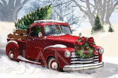 an old red truck with a christmas tree on the back is parked in the snow