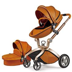 the baby stroller is orange and black