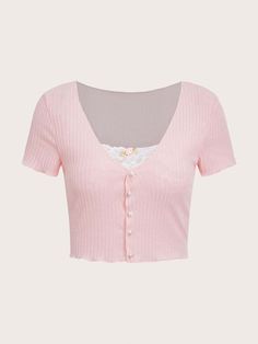 Lace Cami Top Outfit, Pink Wardrobe, Light Pink Tops, Ribbed Tee, Lace Button, Valentines Outfits, Pink Outfits, Women T Shirts, Kawaii Clothes