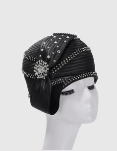 Round Ribbon Hat w/ rhinestones Brooch. black. Black Hat With Rhinestones For Evening, Black Evening Hat With Rhinestones, Black Evening Hats With Rhinestones, Elegant Black Hats With Rhinestones, Rhinestone Brooches, Ribbon, Hats, Black