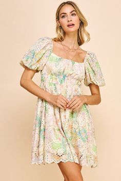 print eyelet lace dress -short sleeves -scallop edge - Lined -Lightweight -Fabric Content - 100% polyester