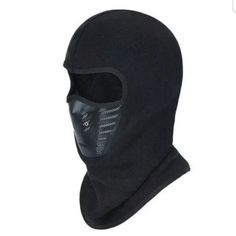 a black ski mask is shown with the hood open and it's face partially covered