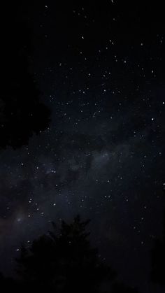 the night sky is filled with stars and trees